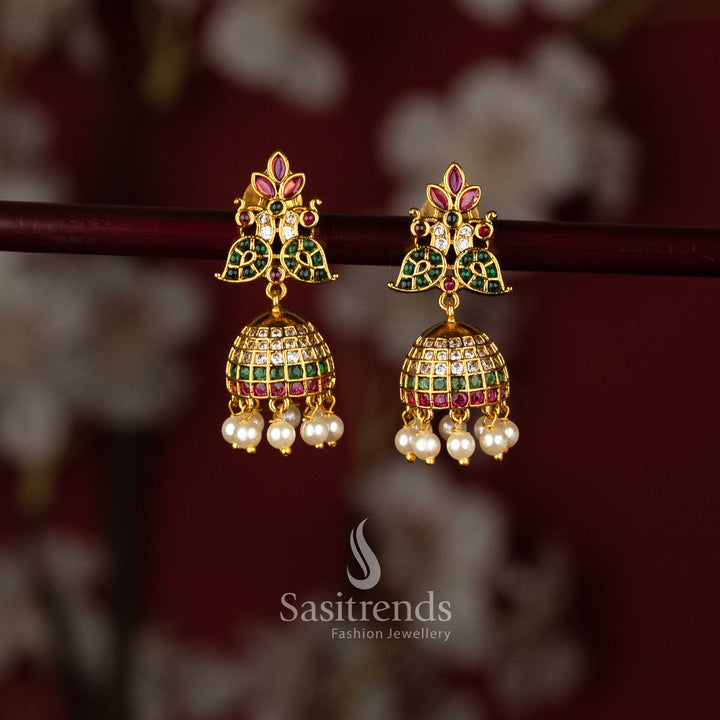 Temple Matte Gold Plated Twin Peacock Kemp Stone Jhumka Earrings with Pearl Drops – Sasitrends