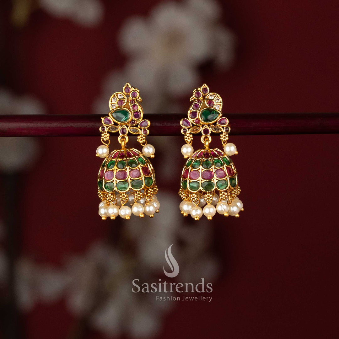 Royal bell-shaped temple earrings with dense white pearl cluster hangings, perfect for classical dance and traditional bridal wear 2949B - Sasitrends