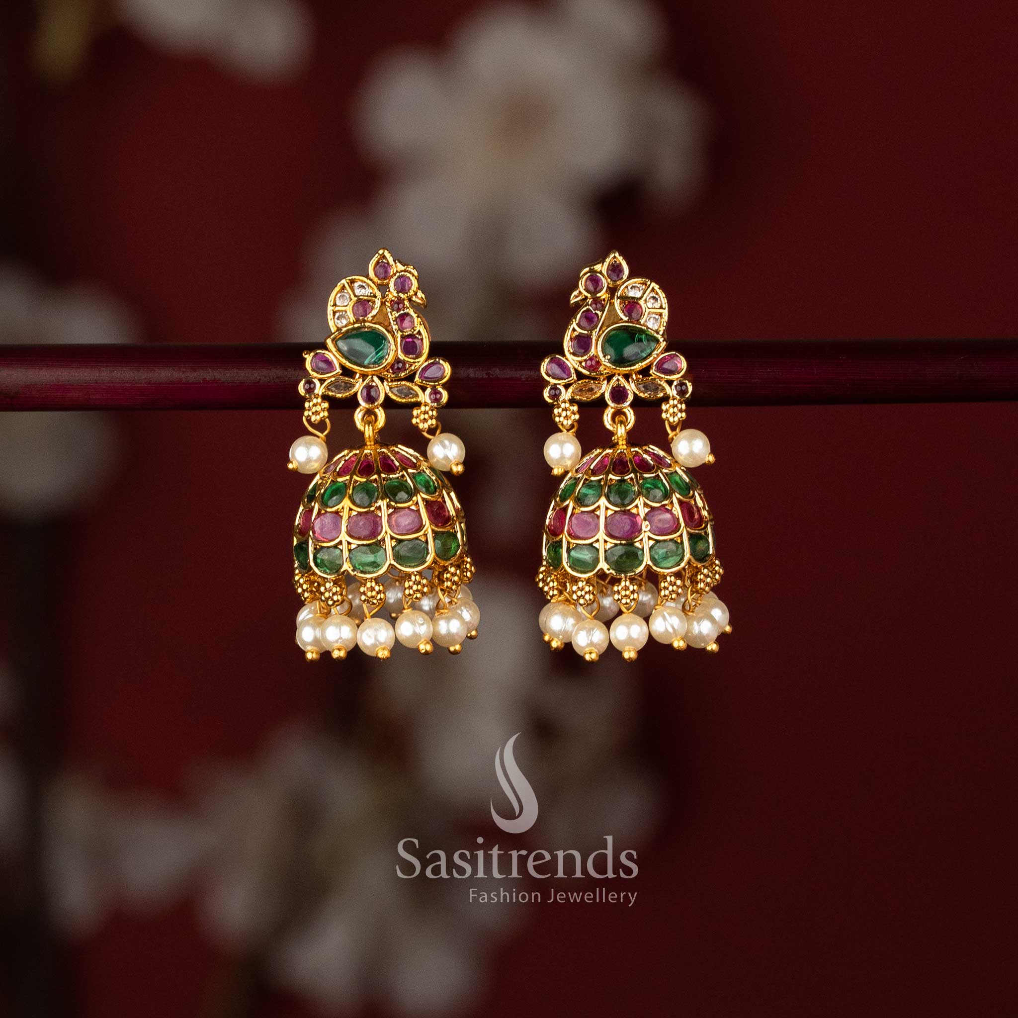 Royal bell-shaped temple earrings with dense white pearl cluster hangings, perfect for classical dance and traditional bridal wear 2949B - Sasitrends