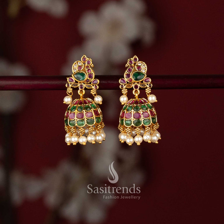 Traditional Temple Matte Gold Plated Peacock Crest Kemp Stone Jhumka Earrings with Cluster Pearl Drops  - Sasitrends