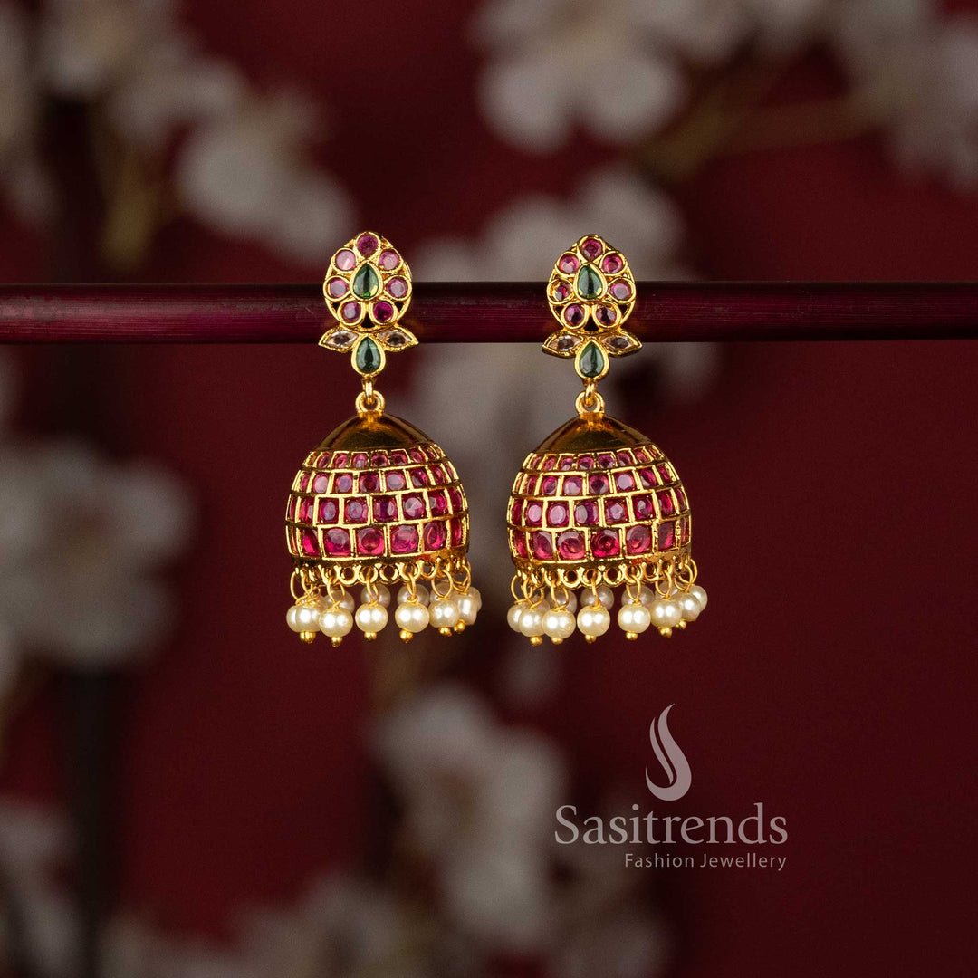 Traditional South Indian temple jhumka earrings featuring a floral bud stud and a dense ruby Kemp stone grid dome 2949C - Sasitrends