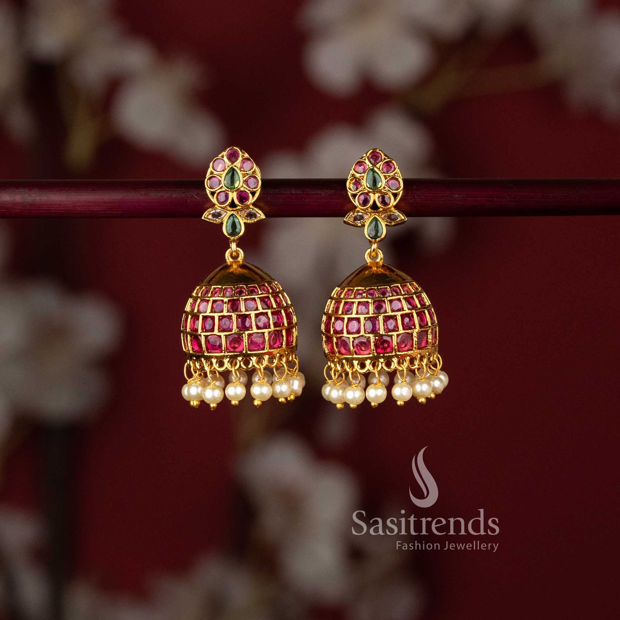Traditional South Indian temple jhumka earrings featuring a floral bud stud and a dense ruby Kemp stone grid dome 2949C - Sasitrends