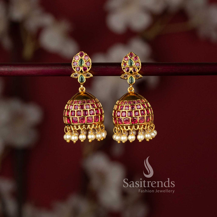 Temple Matte Gold Plated Floral Bud Kemp Stone Jhumka Earrings with Pearl Drops - Sasitrends