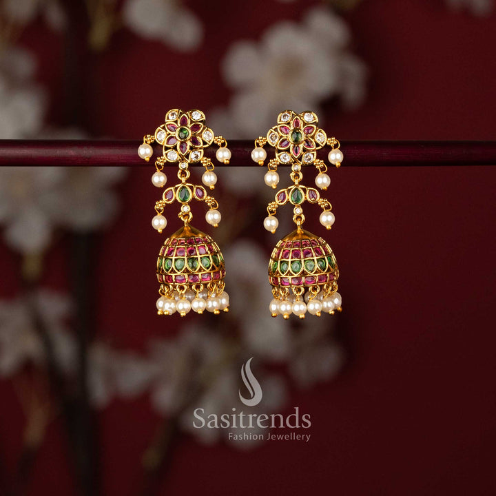 Temple Matte Gold Plated Floral Chakra Kemp Stone Jhumka Earrings with Pearl Clusters - Sasitrends