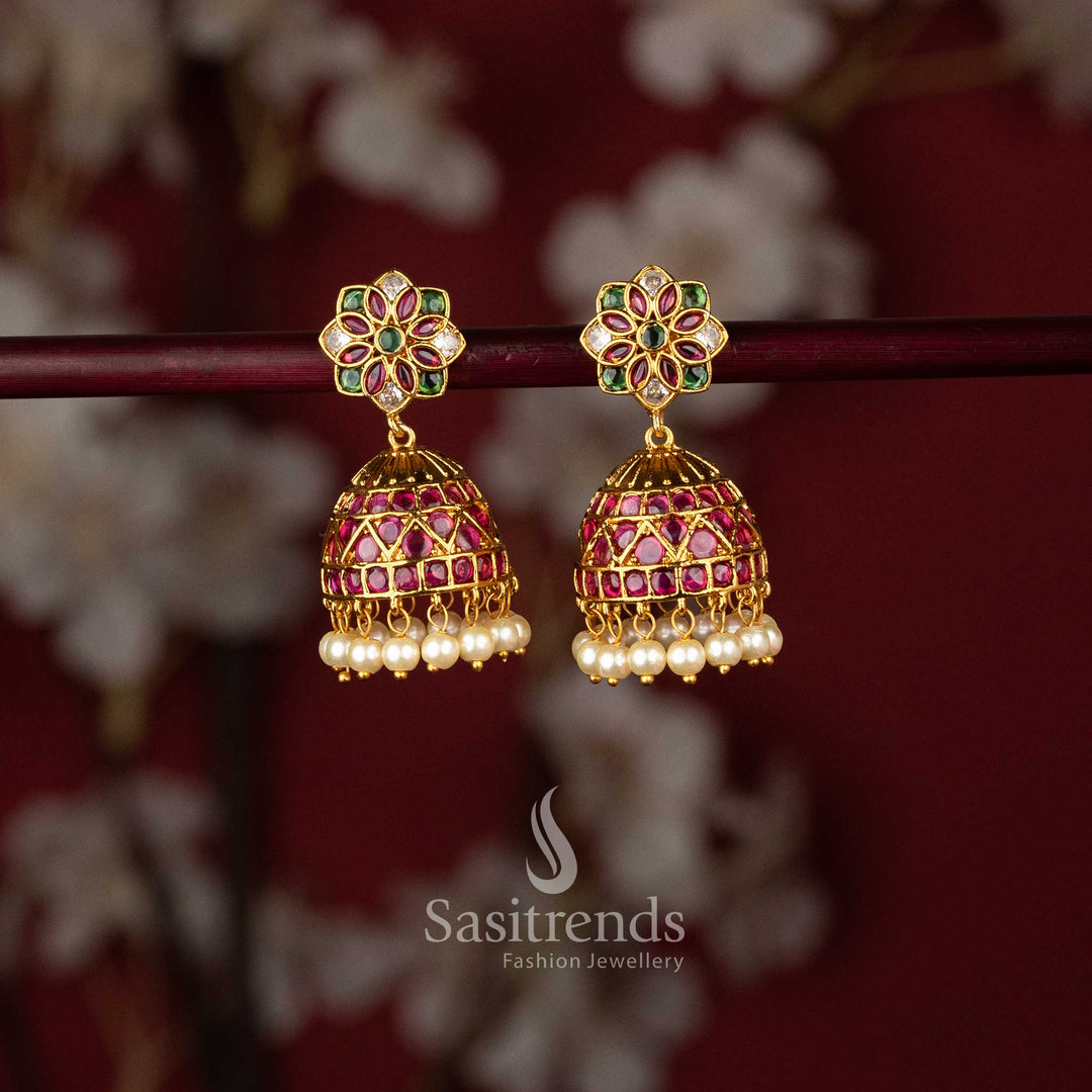 South Indian temple jhumka earrings featuring a tricolor floral bloom stud and a ruby-pink stone diamond-grid dome 2949E - Sasitrends