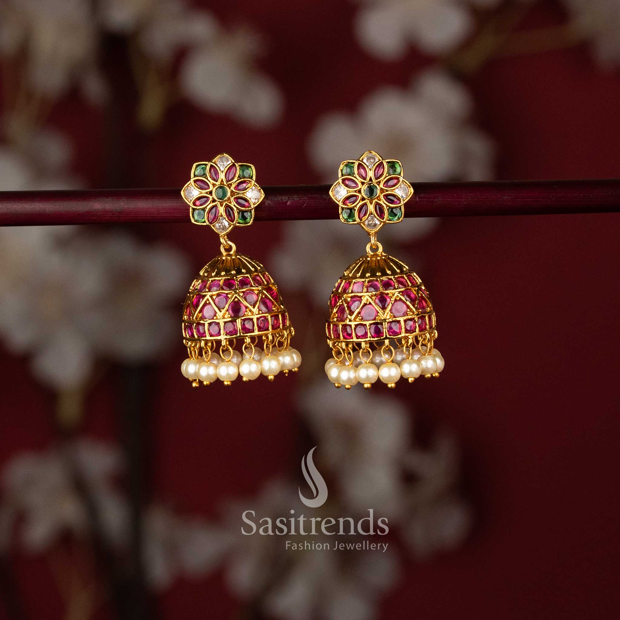 South Indian temple jhumka earrings featuring a tricolor floral bloom stud and a ruby-pink stone diamond-grid dome 2949E - Sasitrends