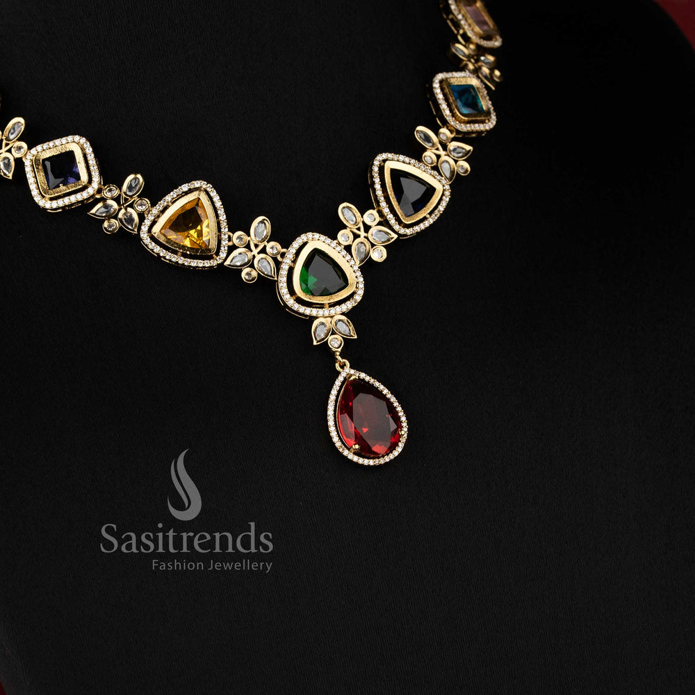 The Earrings: "Matching Mahendi Geometric Drop earrings with square-cut American Diamond studs and pear-shaped ruby pendants 2950A - Sasitrends