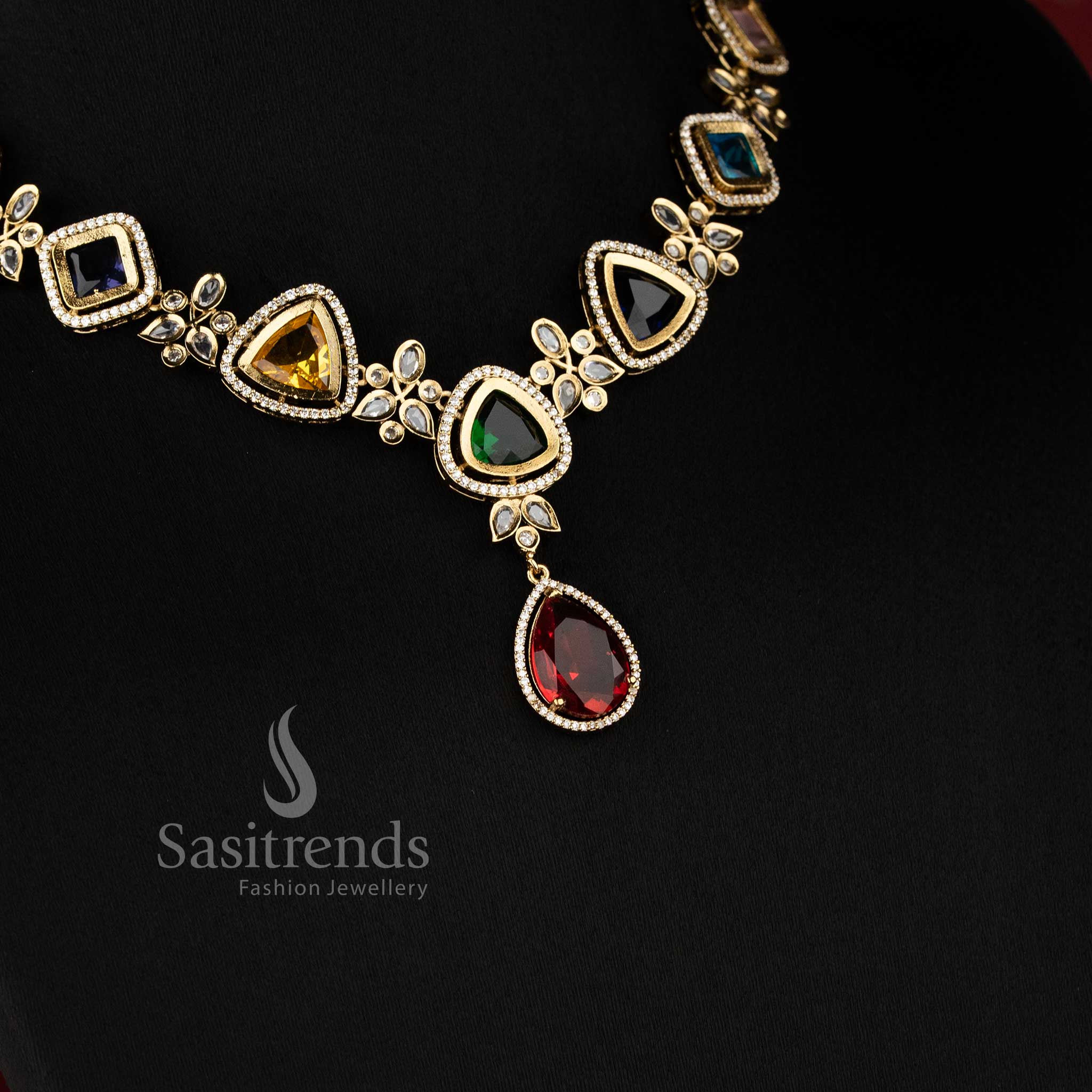 The Earrings: "Matching Mahendi Geometric Drop earrings with square-cut American Diamond studs and pear-shaped ruby pendants 2950A - Sasitrends