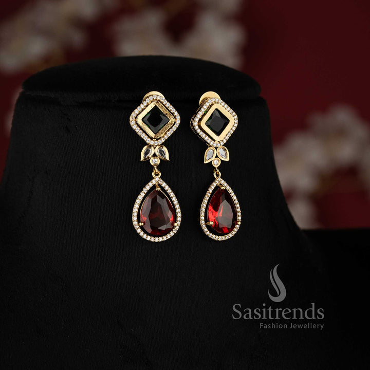 Matching Mahendi Geometric Drop earrings with square-cut American Diamond studs and pear-shaped ruby pendants 2950A - Sasitrends