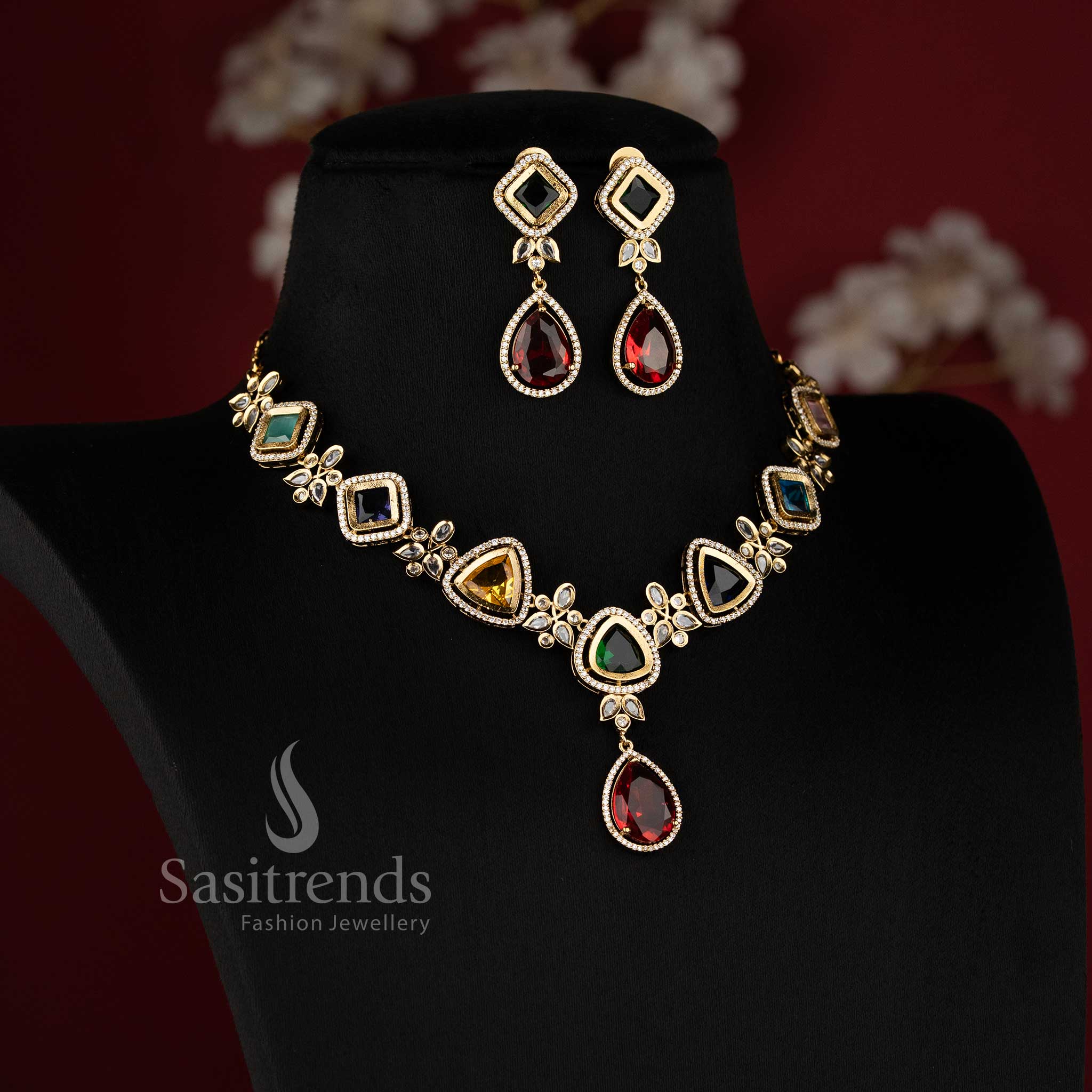 The Mahendi Plating Navaratna Style Geometric necklace featuring multi-coloured American Diamond stones in square and triangular cuts 2950A - Sasitrends