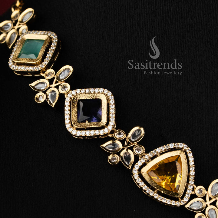 The Mahendi Plating Navaratna Style Geometric necklace featuring multi-coloured American Diamond stones in square and triangular cuts 2950A - Sasitrends