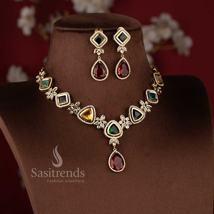 Matching Mahendi Geometric Drop earrings with square-cut American Diamond studs and pear-shaped ruby pendants 2950A - Sasitrends