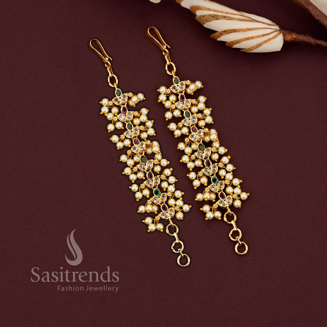 Micro gold plated multi stone matil ear chain with American diamond stones, ruby green accents and pearl clusters by Sasitrends