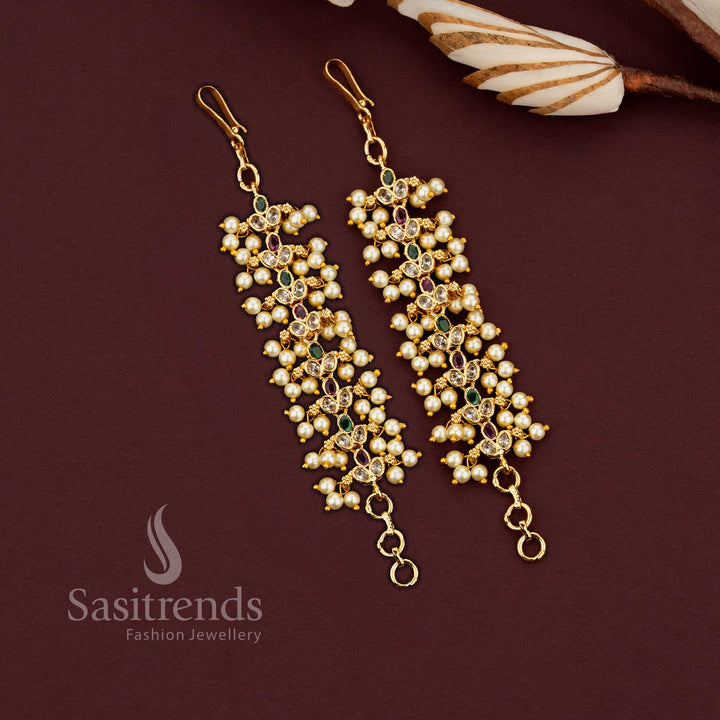 Micro gold plated multi stone matil ear chain with American diamond stones, ruby green accents and pearl clusters by Sasitrends