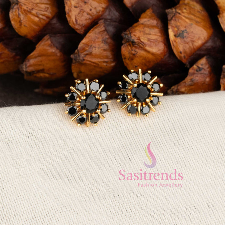 Sparkling micro gold plated American Diamond floral stud earrings with Black stones by Sasitrends