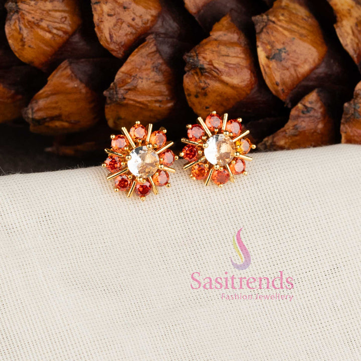 Sparkling micro gold plated American Diamond floral stud earrings with Garnet stones by Sasitrends