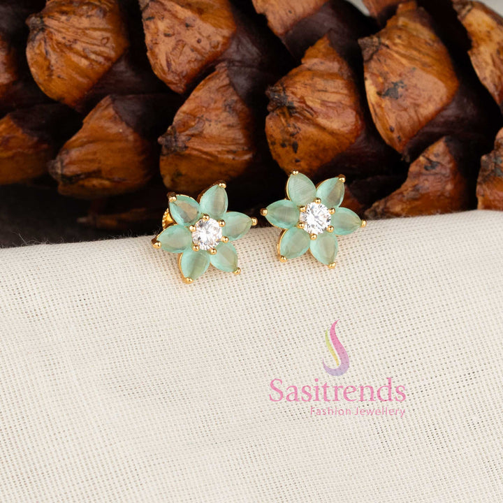 Trendy mint flower design stud earrings for women with sparkling stones - Sasitrends