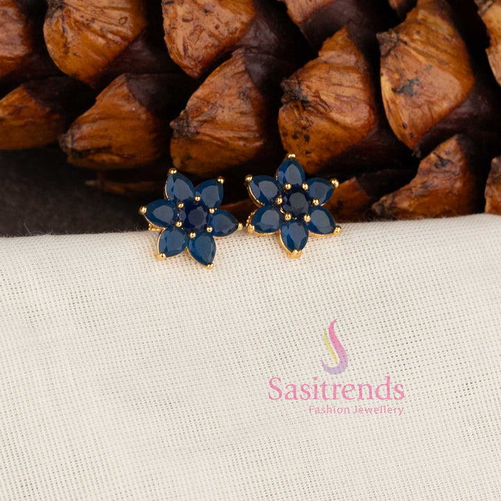 Elegant Navy Blue floral stone stud earrings with micro gold finish by Sasitrends