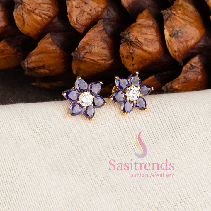 Stylish purple white floral stud earrings in micro gold plating by Sasitrends