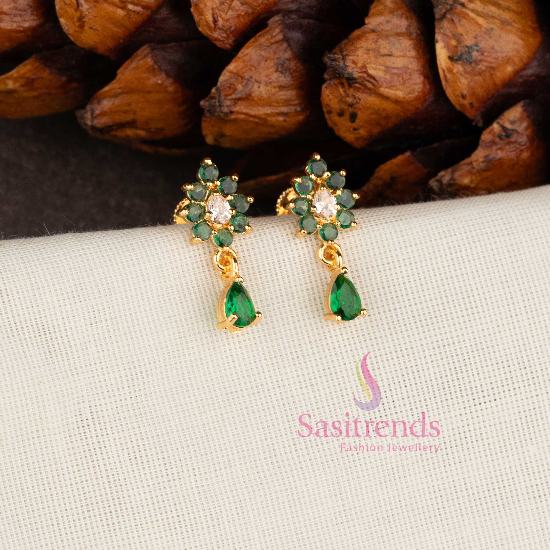 Elegant Green White stone-encrusted teardrop earrings with a real gold finish sasitrends