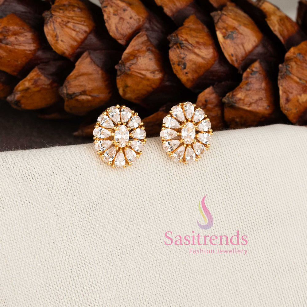 Sparkling micro gold plated American Diamond oval stud earrings with white stones by Sasitrends.