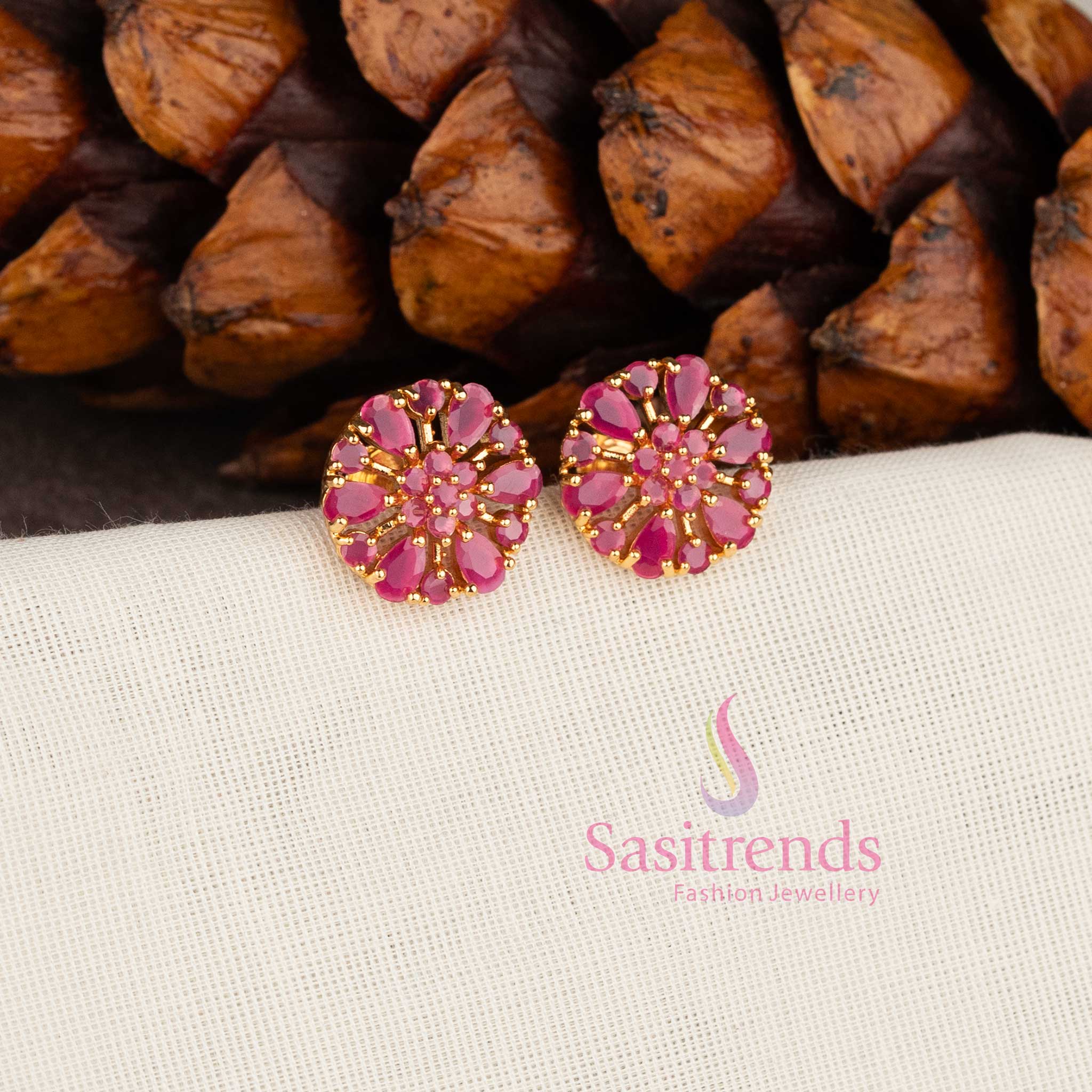 Micro Gold Plated Floral Wheel Design American Diamond Stud Earrings for Women - Sasitrends