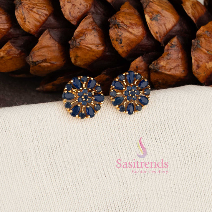 Micro Gold Plated Floral Wheel Design American Diamond Stud Earrings for Festive Wear - Sasitrends