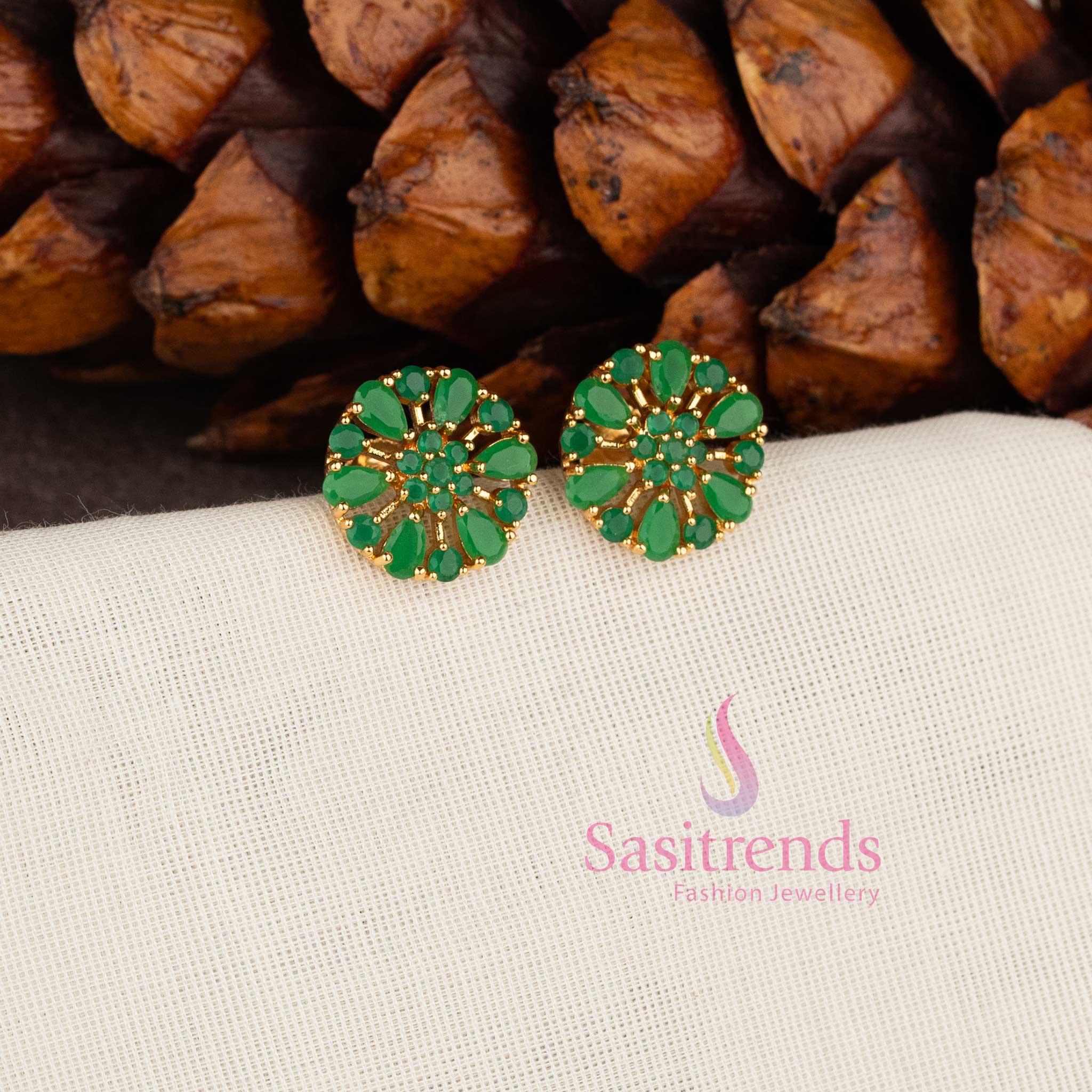 Micro Gold Plated Floral Wheel Design American Diamond Stud Earrings for Festive Wear - Sasitrends