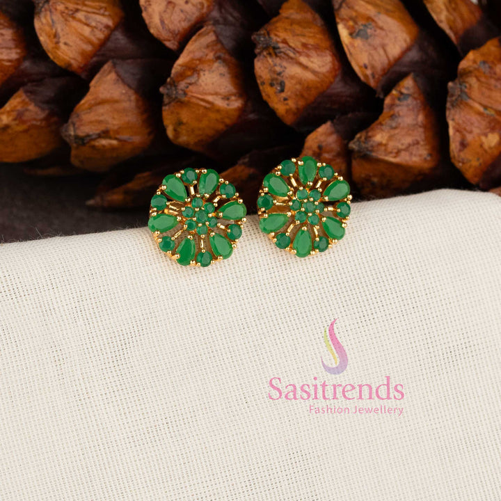 Micro Gold Plated Floral Wheel Design American Diamond Stud Earrings for Festive Wear - Sasitrends