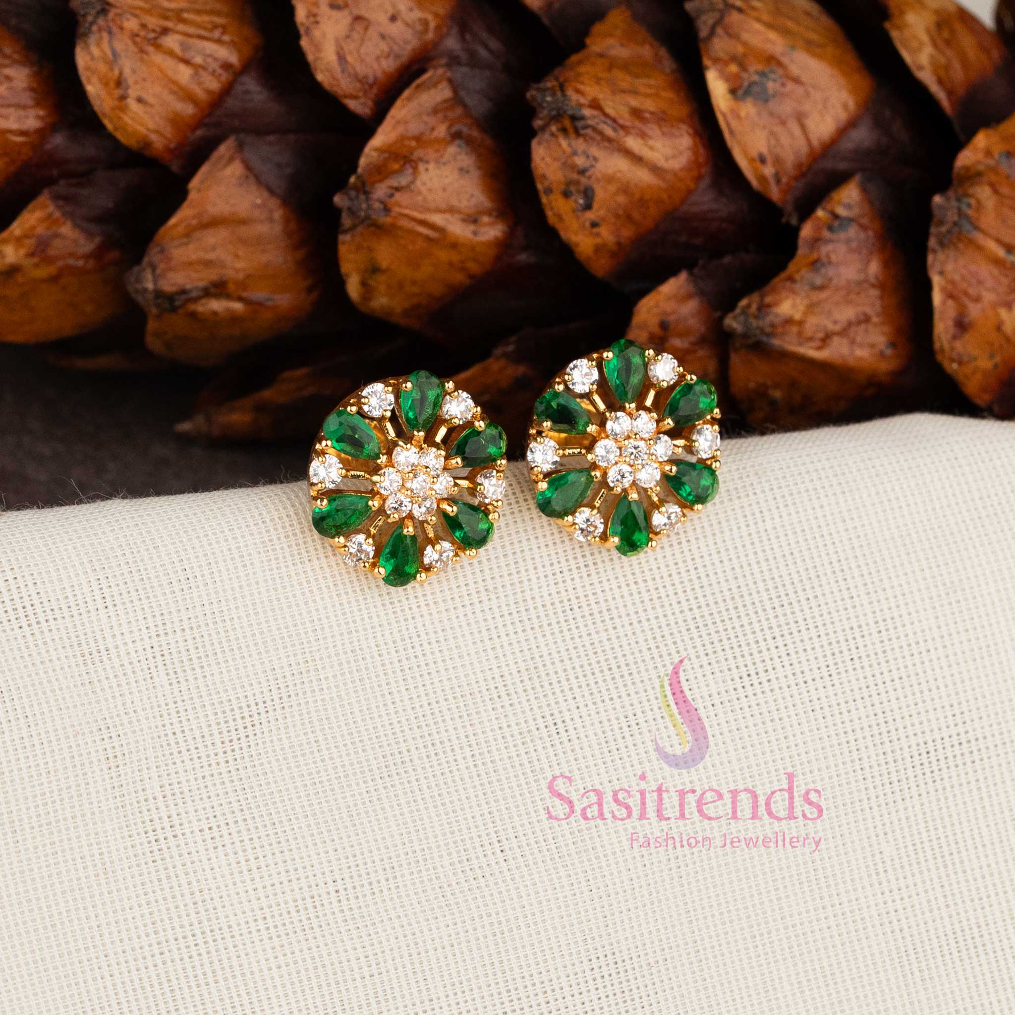 Micro Gold Plated Floral Wheel Design American Diamond Stud Earrings for Festive Wear - Sasitrends