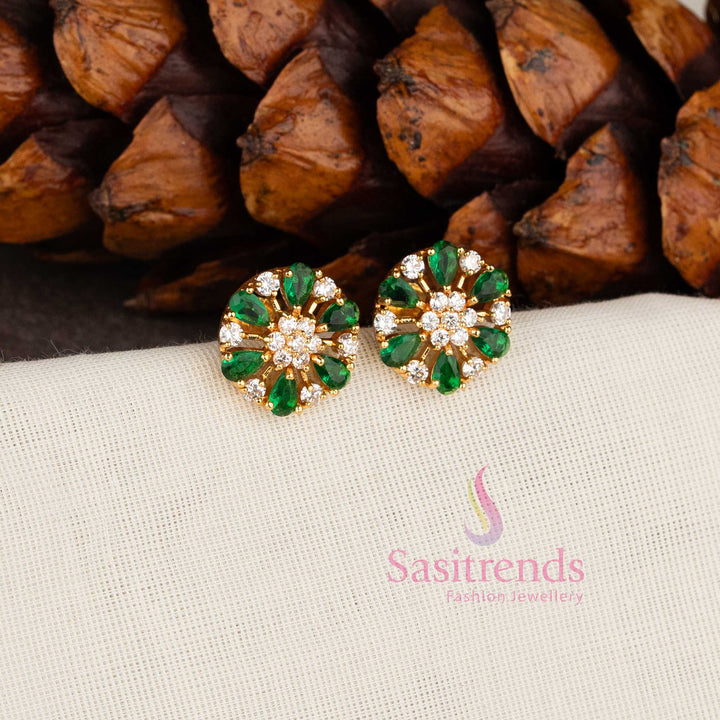Micro Gold Plated Floral Wheel Design American Diamond Stud Earrings for Festive Wear - Sasitrends