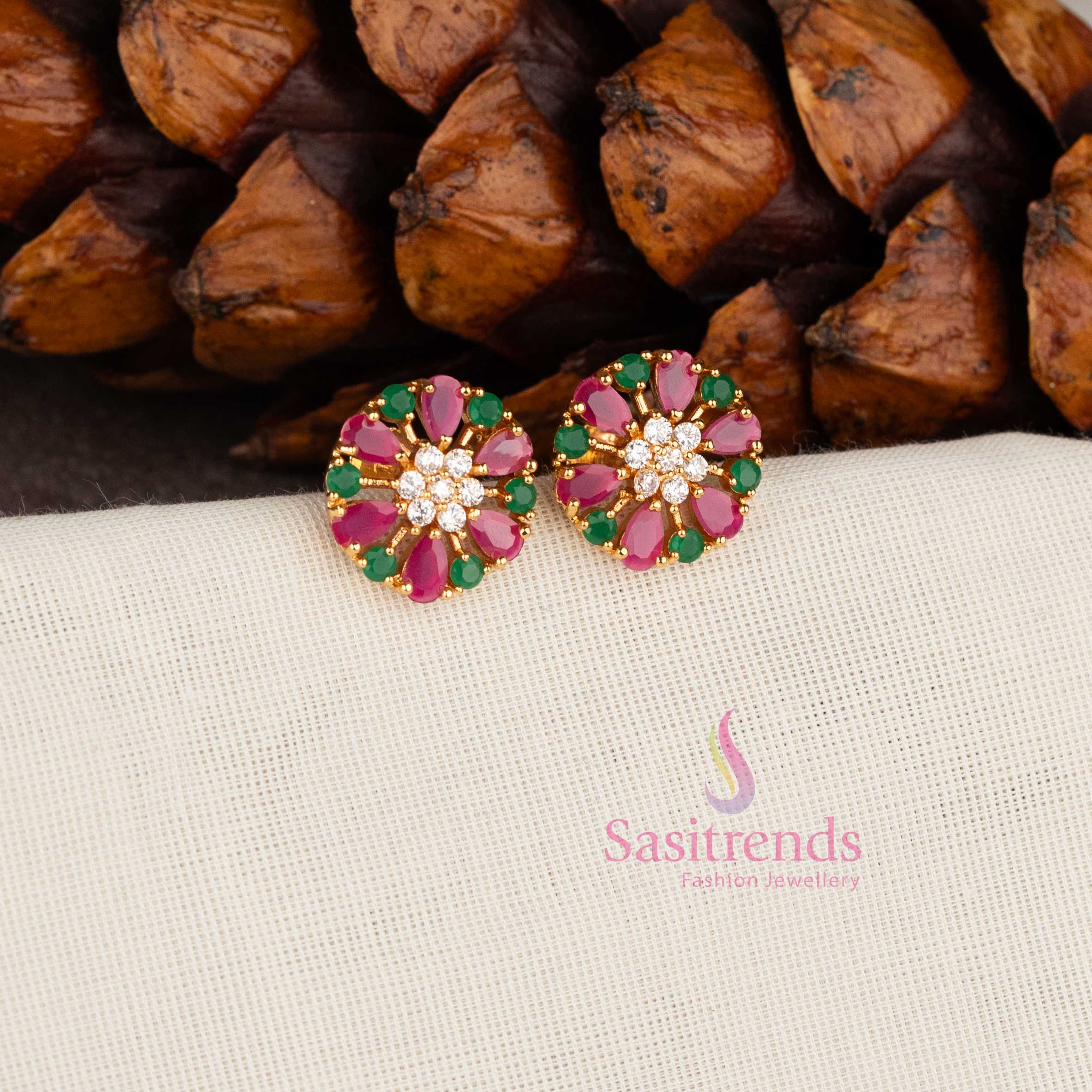 Micro Gold Plated Floral Wheel Design American Diamond Stud Earrings for Festive Wear - Sasitrends