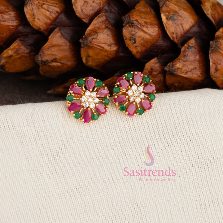 Micro Gold Plated Floral Wheel Design American Diamond Stud Earrings for Festive Wear - Sasitrends
