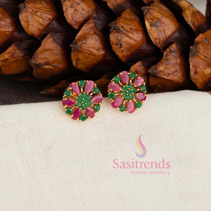 Micro Gold Plated Floral Wheel Design American Diamond Stud Earrings for Festive Wear - Sasitrends