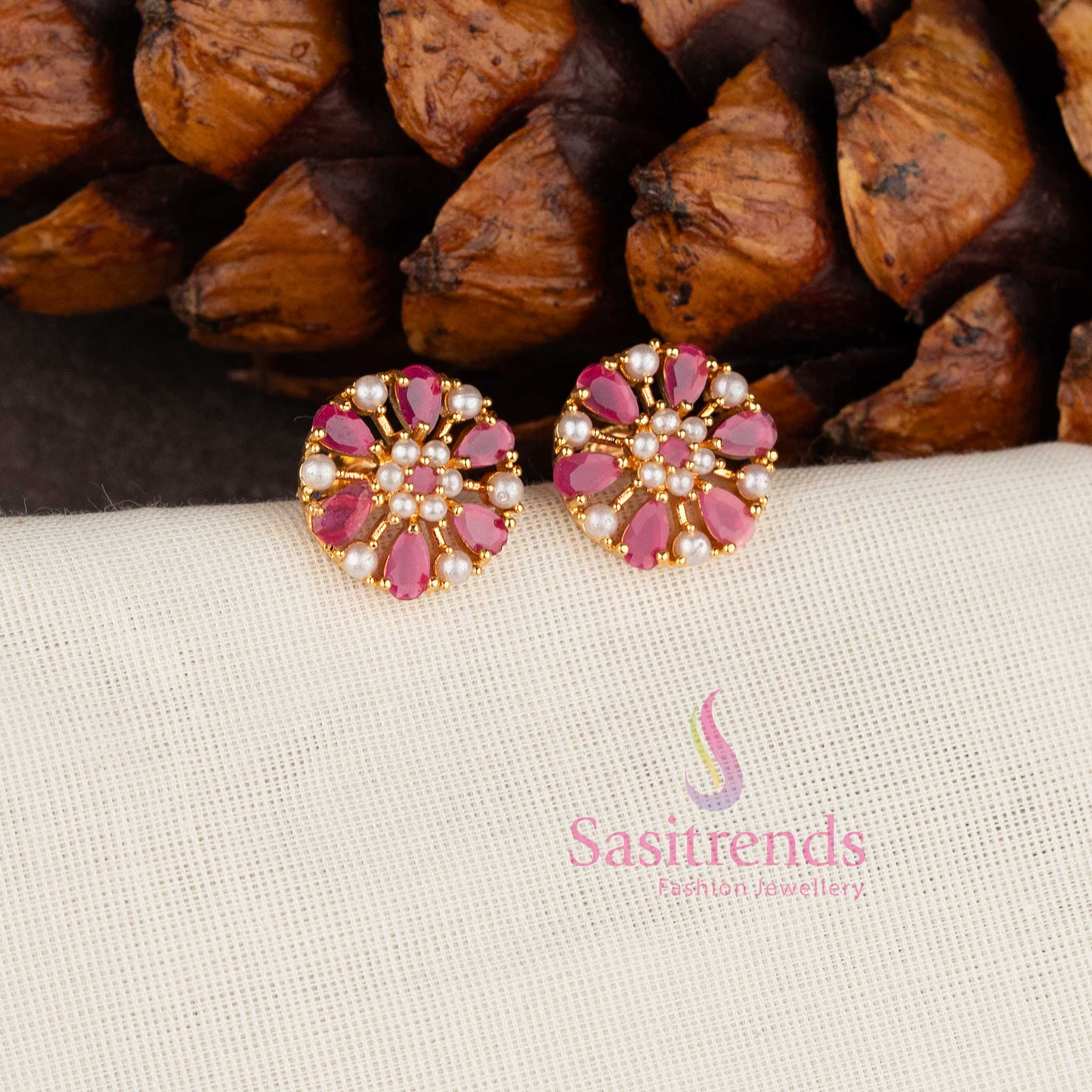 Micro Gold Plated Floral Wheel Design American Diamond Stud Earrings for Festive Wear - Sasitrends