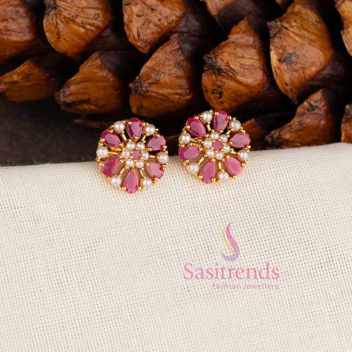 Micro Gold Plated Floral Wheel Design American Diamond Stud Earrings for Festive Wear - Sasitrends