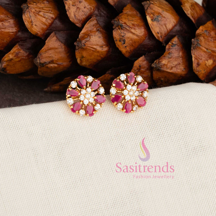 Micro Gold Plated Floral Wheel Design American Diamond Stud Earrings for Women - Sasitrends