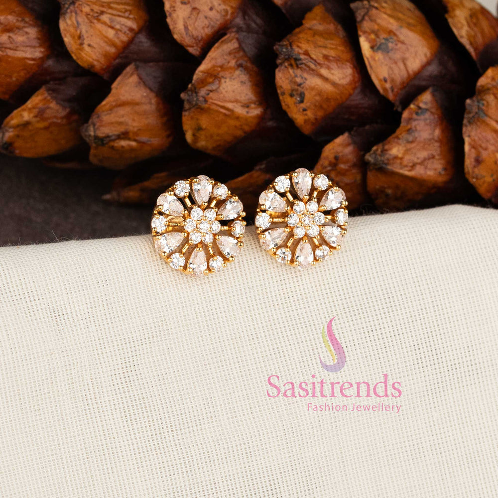Micro Gold Plated Floral Wheel Design American Diamond Stud Earrings for Women - Sasitrends