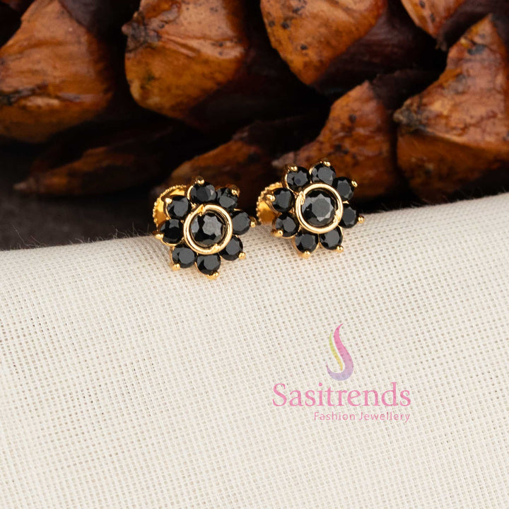 Micro gold plated floral stud earrings with Black stones and American diamonds by Sasitrends