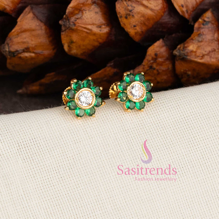 Micro gold plated floral stud earrings with Green White stones and American diamonds by Sasitrends
