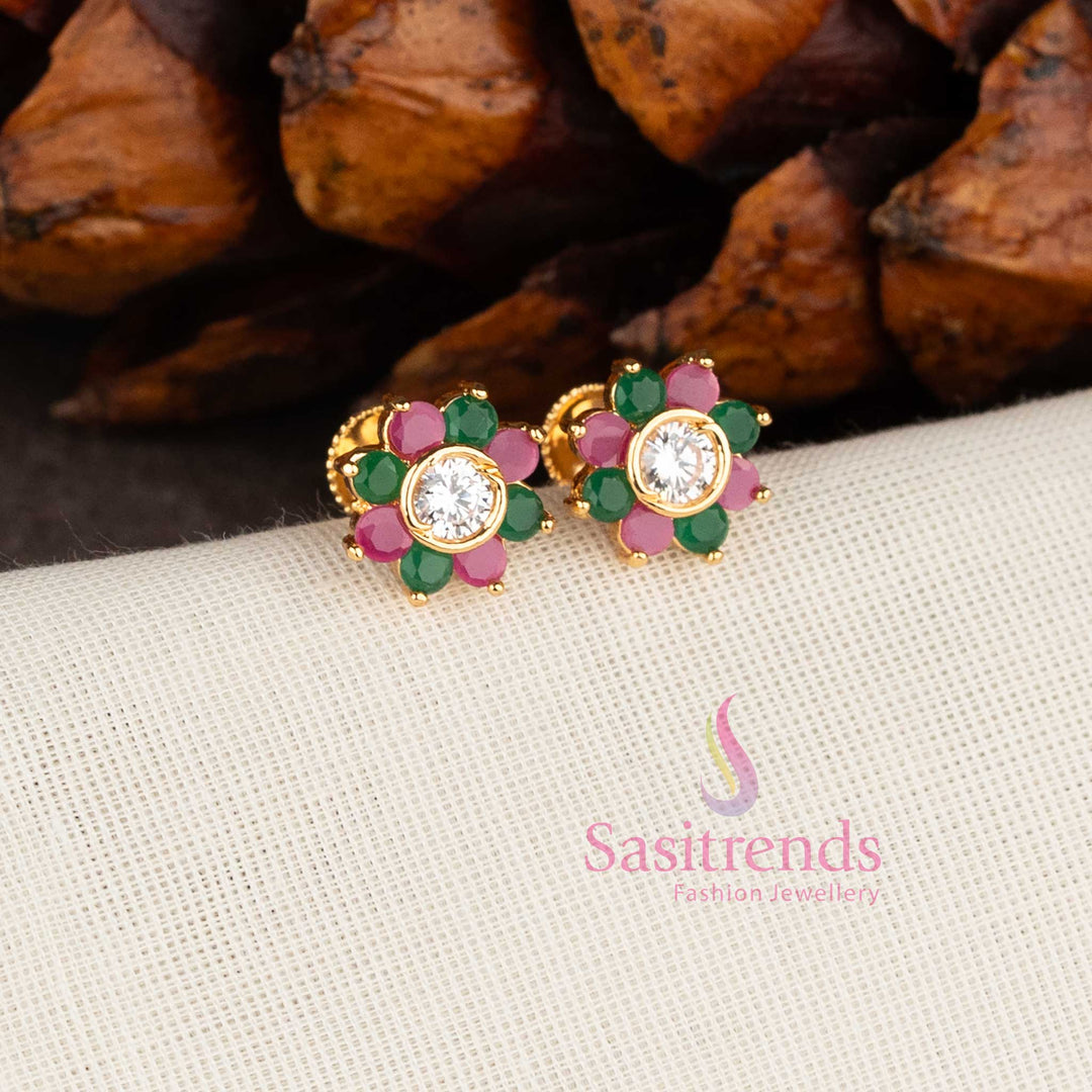 Micro gold plated floral stud earrings with multi stones and American diamonds by Sasitrends