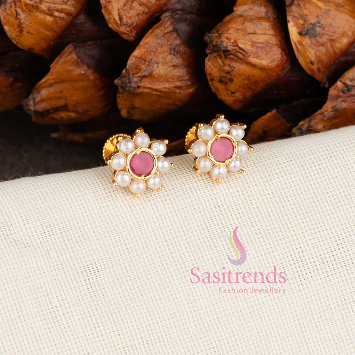 Micro gold plated floral stud earrings with pearl ruby stones and American diamonds by Sasitrends