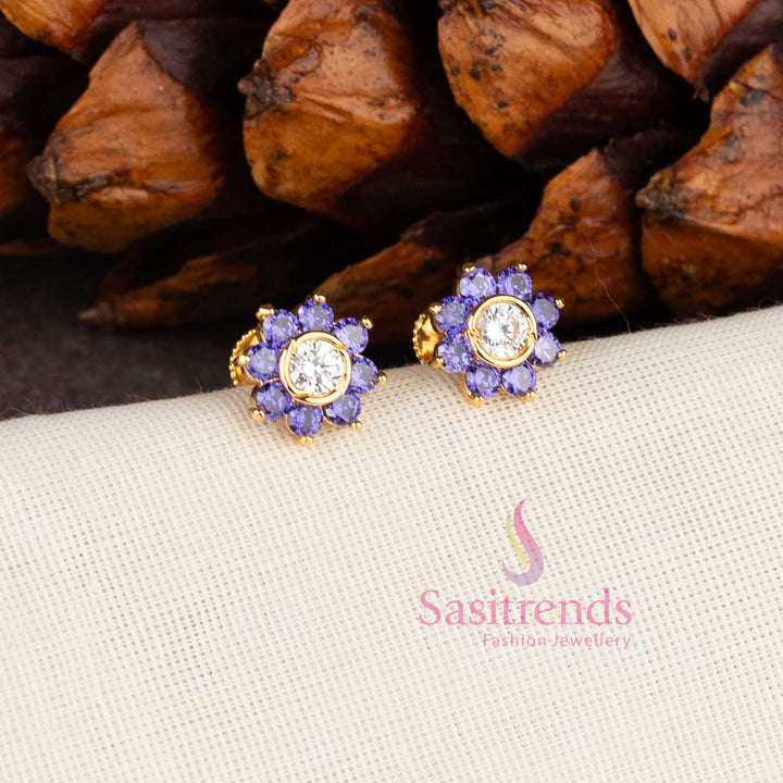 Micro gold plated floral stud earrings with Purple-White stones and American diamonds by Sasitrends