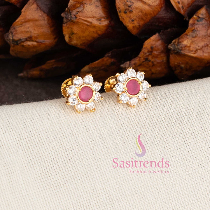 Micro gold plated floral stud earrings with white ruby stones and American diamonds by Sasitrends