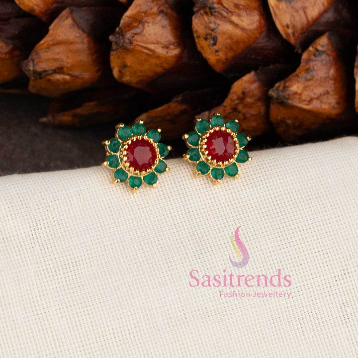 Royal floral one gram micro gold plated look American diamond stone stud earrings for women - Sasitrends