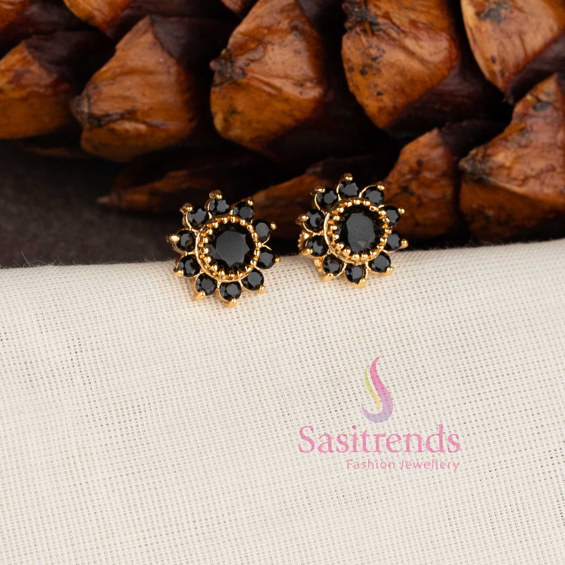 Royal floral one gram micro gold plated look American diamond stone stud earrings in Black for women -Sasitrend