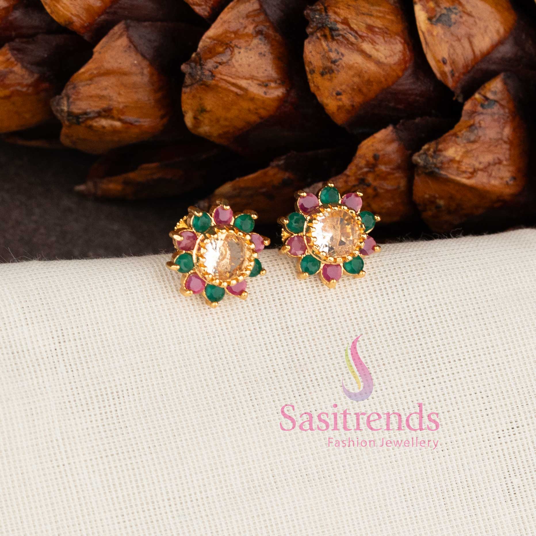 Royal floral one gram micro gold plated look American diamond stone stud earrings in multi for women by Sasitrends
