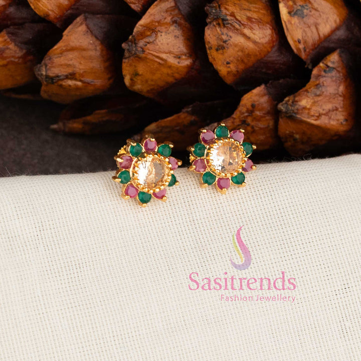 Royal floral one gram micro gold plated look American diamond stone stud earrings in multi for women by Sasitrends