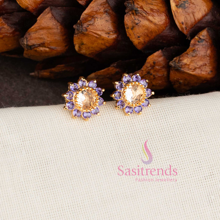 Royal floral one gram micro gold plated look American diamond stone stud earrings in Purple white - Sasitrends