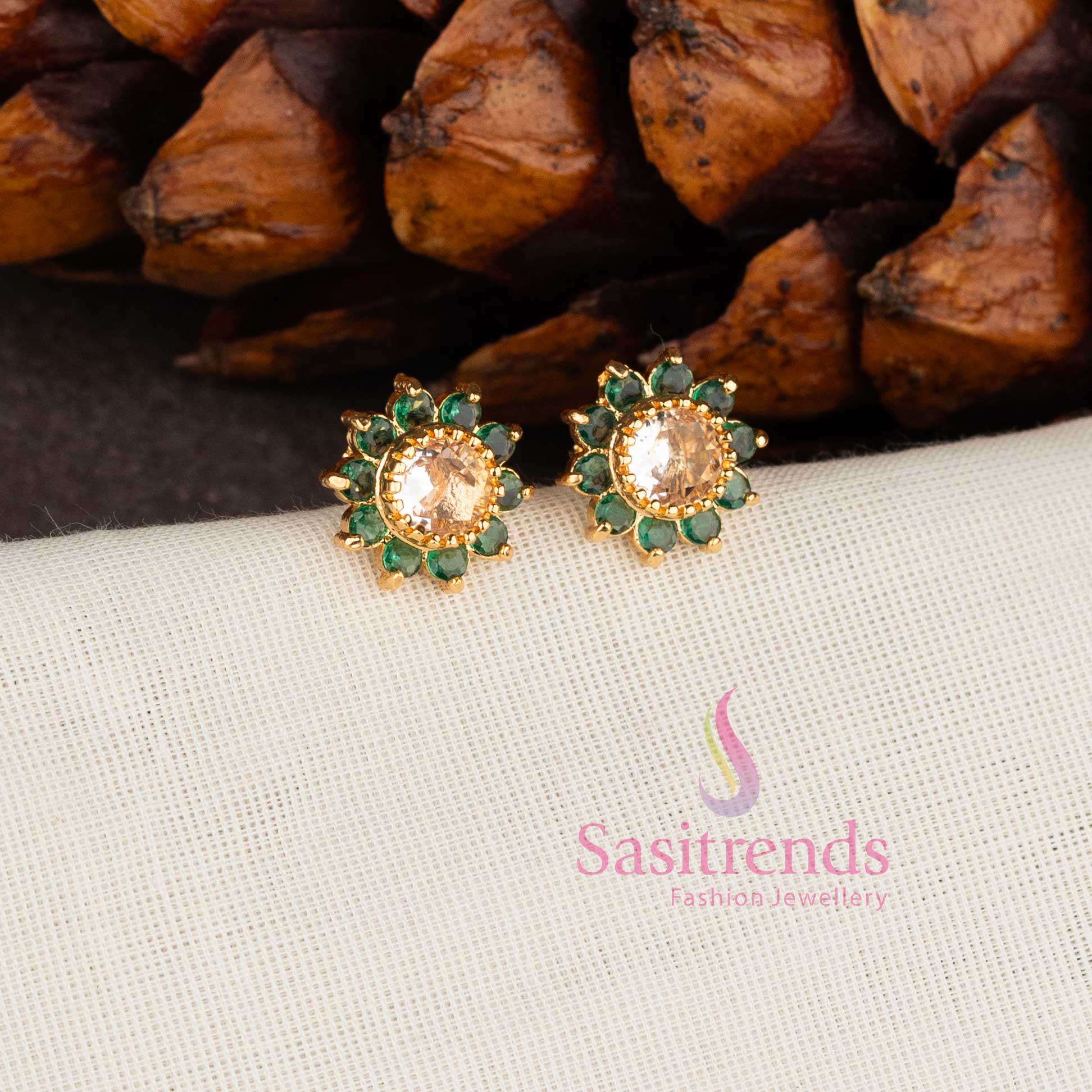Royal floral one gram micro gold plated look American diamond stone stud earrings in Green white for women - Sasitrends